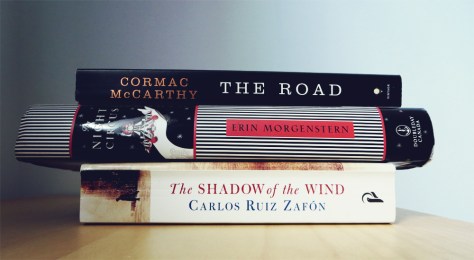 April2015_BookHaulSpinePoetry_TheRoad_TheNightCircus_ShadowOfTheWind
